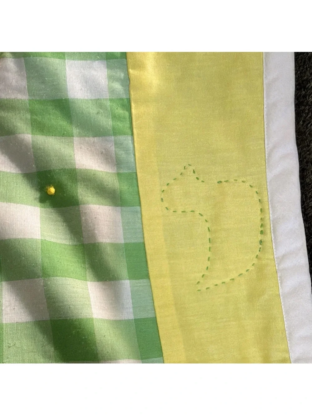 Vintage Handmade Crib Quilt Green & White Gingham Duck Appliqué Quilted 1991